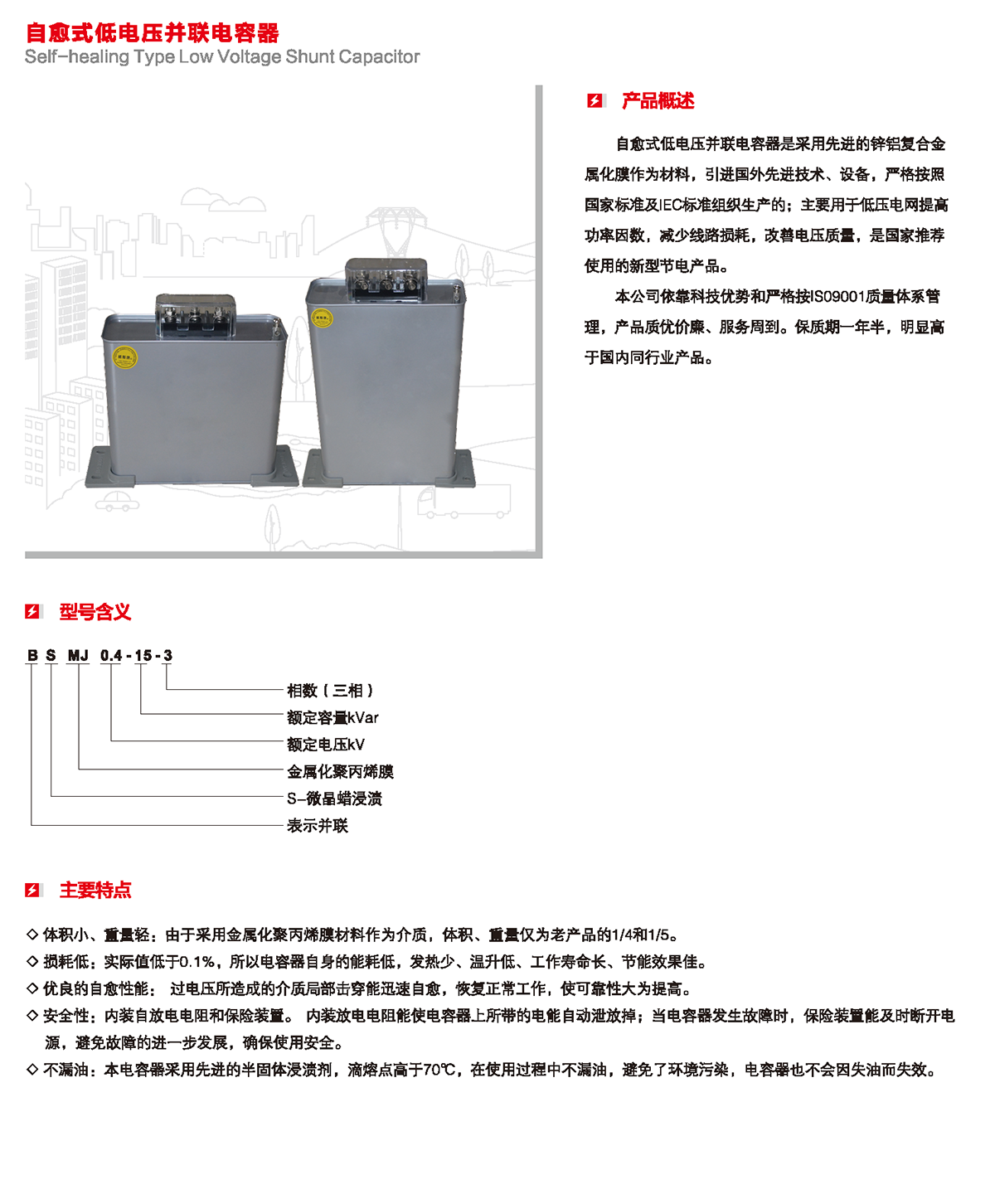 自愈式低电压并联电容器产品概述、型号含义、主要特点